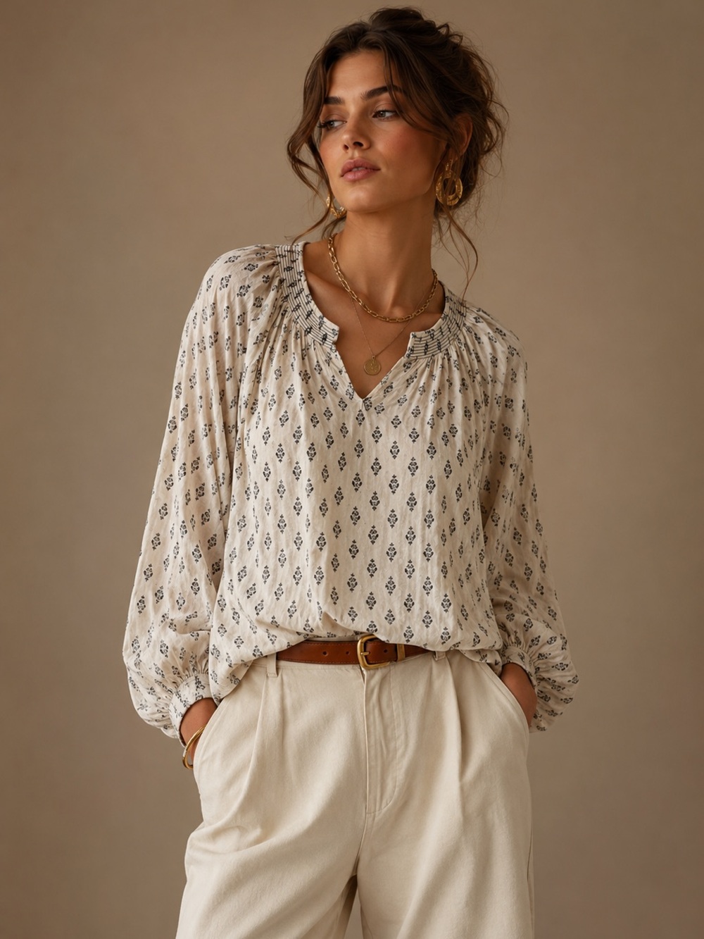 Boho Cottagecore Peasant Blouse Large Cream Black Print Daniel Rainn Prairie